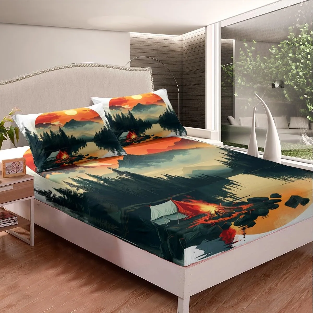 Feelyou Boys Girls Camper Bed Sheet Set Twin Size, Happy Camping Bedding Set RV Camping Fitted Sheet Kids Smoky Mountain Teens Bed Cover Bedroom Decor Lightweight Bed Set (No Flat Sheet)