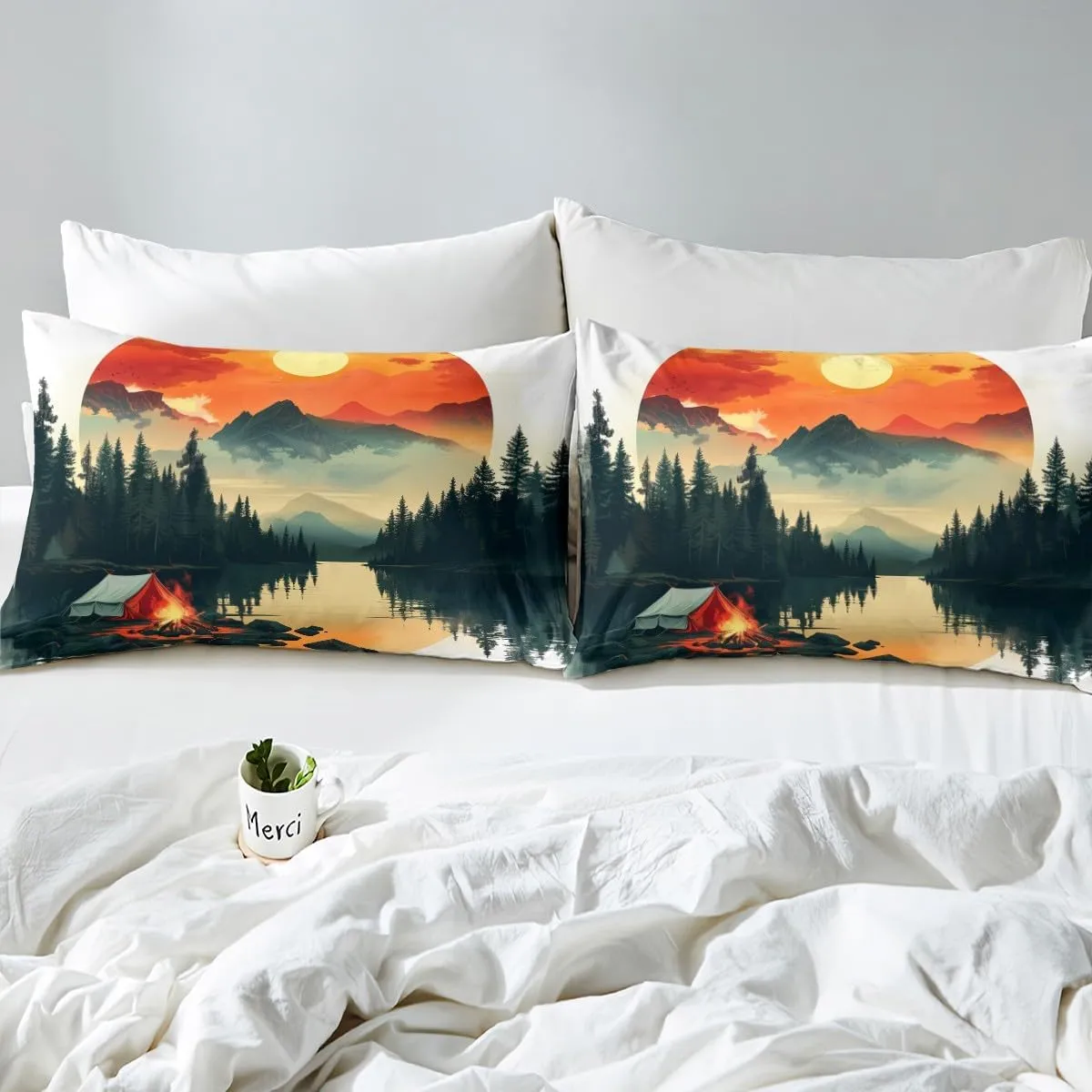 Feelyou Boys Girls Camper Bed Sheet Set Twin Size, Happy Camping Bedding Set RV Camping Fitted Sheet Kids Smoky Mountain Teens Bed Cover Bedroom Decor Lightweight Bed Set (No Flat Sheet)
