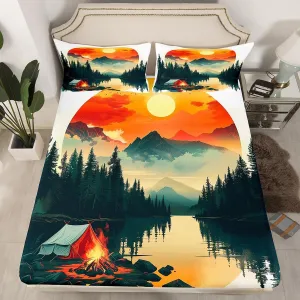 Feelyou Boys Girls Camper Bed Sheet Set Twin Size, Happy Camping Bedding Set RV Camping Fitted Sheet Kids Smoky Mountain Teens Bed Cover Bedroom Decor Lightweight Bed Set (No Flat Sheet)