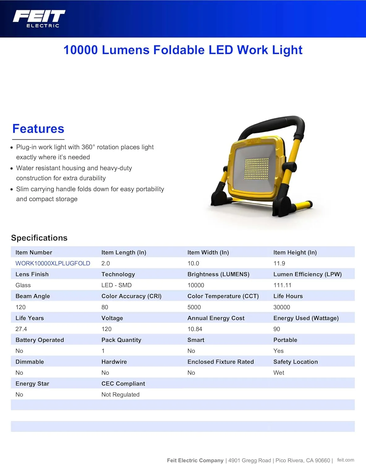Feit Electric WORK10000XLPLUGFOLD Portable Plug-in LED Work Light, 10,000 Lumens, 5000K Daylight, Heavy-Duty 18/3 Power Cord, Compact Folding Design, 30,000-Hour Lifespan
