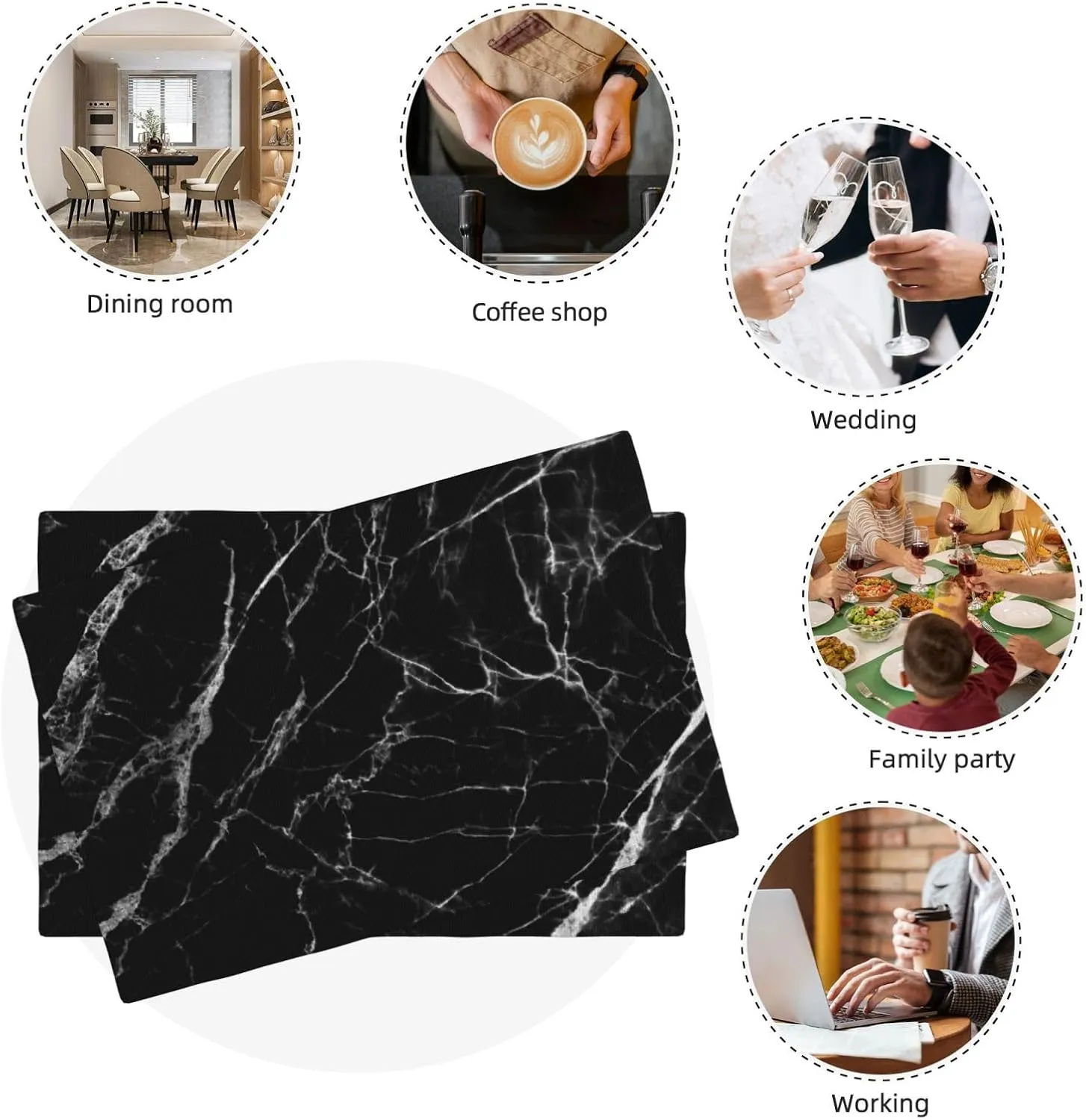 Fiokroo Black with White Marble Placemats Set of 6 Table Mats Table Tableware Place Mats with Non-Slip Heat-Resistant Washable for Dining Home Kitchen Party Indoor