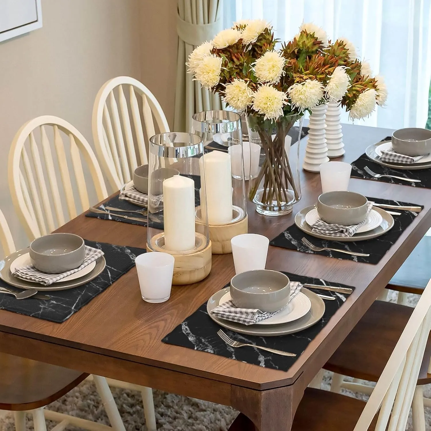 Fiokroo Black with White Marble Placemats Set of 6 Table Mats Table Tableware Place Mats with Non-Slip Heat-Resistant Washable for Dining Home Kitchen Party Indoor