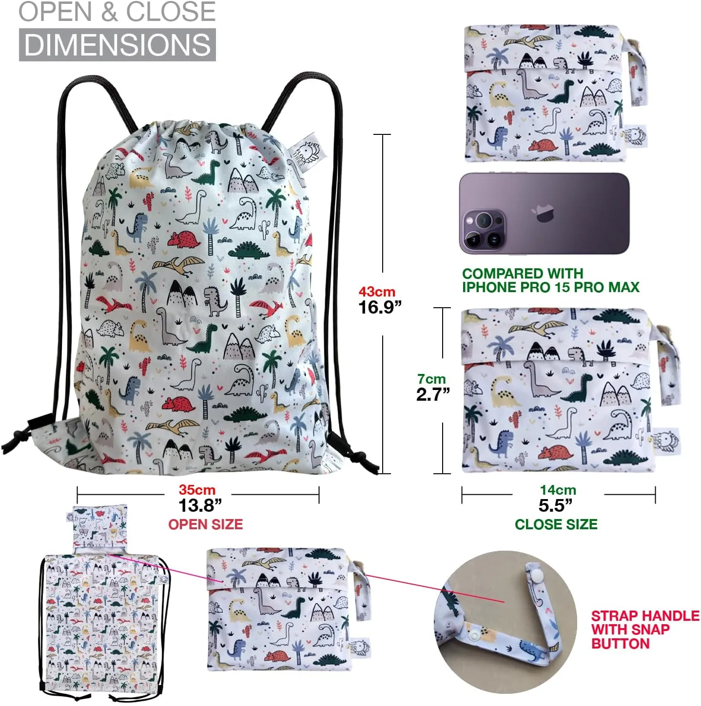 FLOCK THREE Leakproof Drawstring Backpack Sports Gym Bag Large Capacity With Pocket for Sports Gym Travel Swimming Beach (Dinosaur)