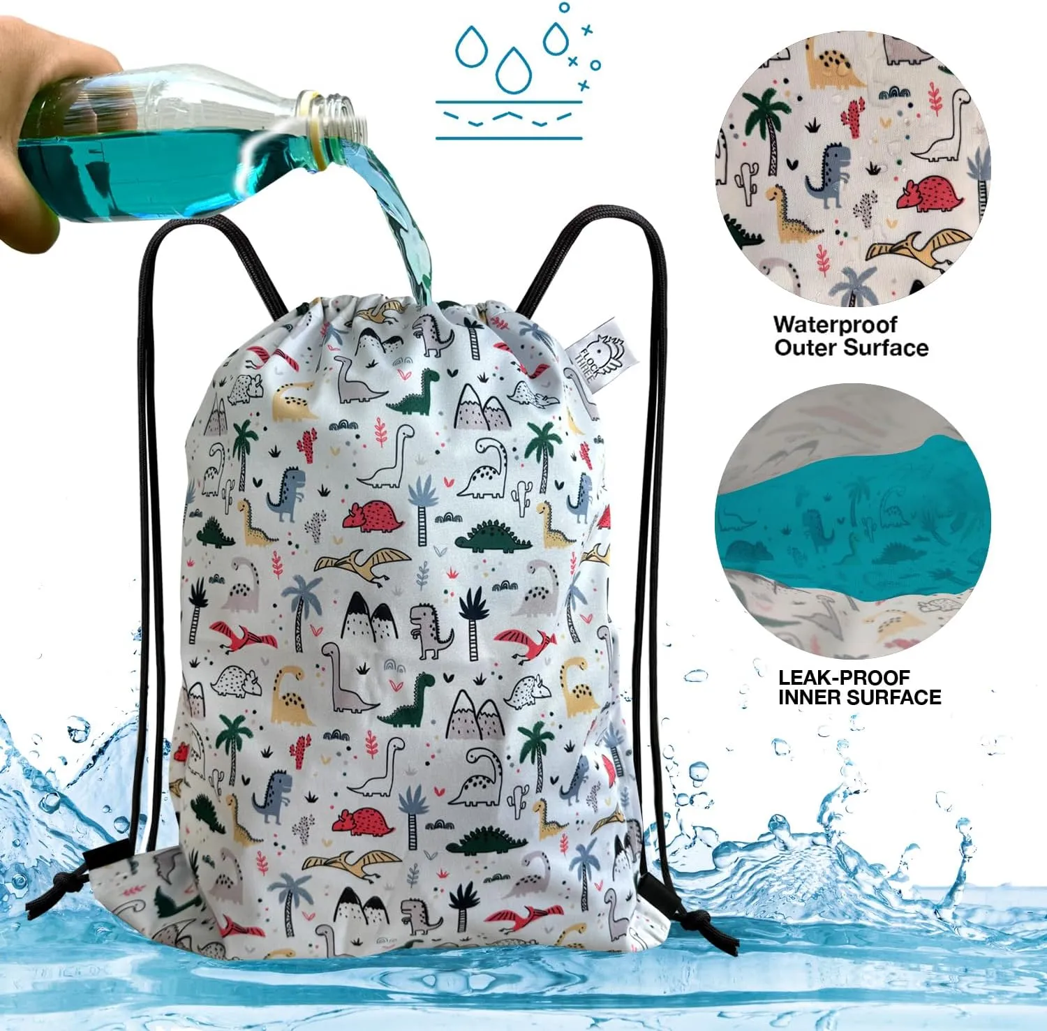 FLOCK THREE Leakproof Drawstring Backpack Sports Gym Bag Large Capacity With Pocket for Sports Gym Travel Swimming Beach (Dinosaur)