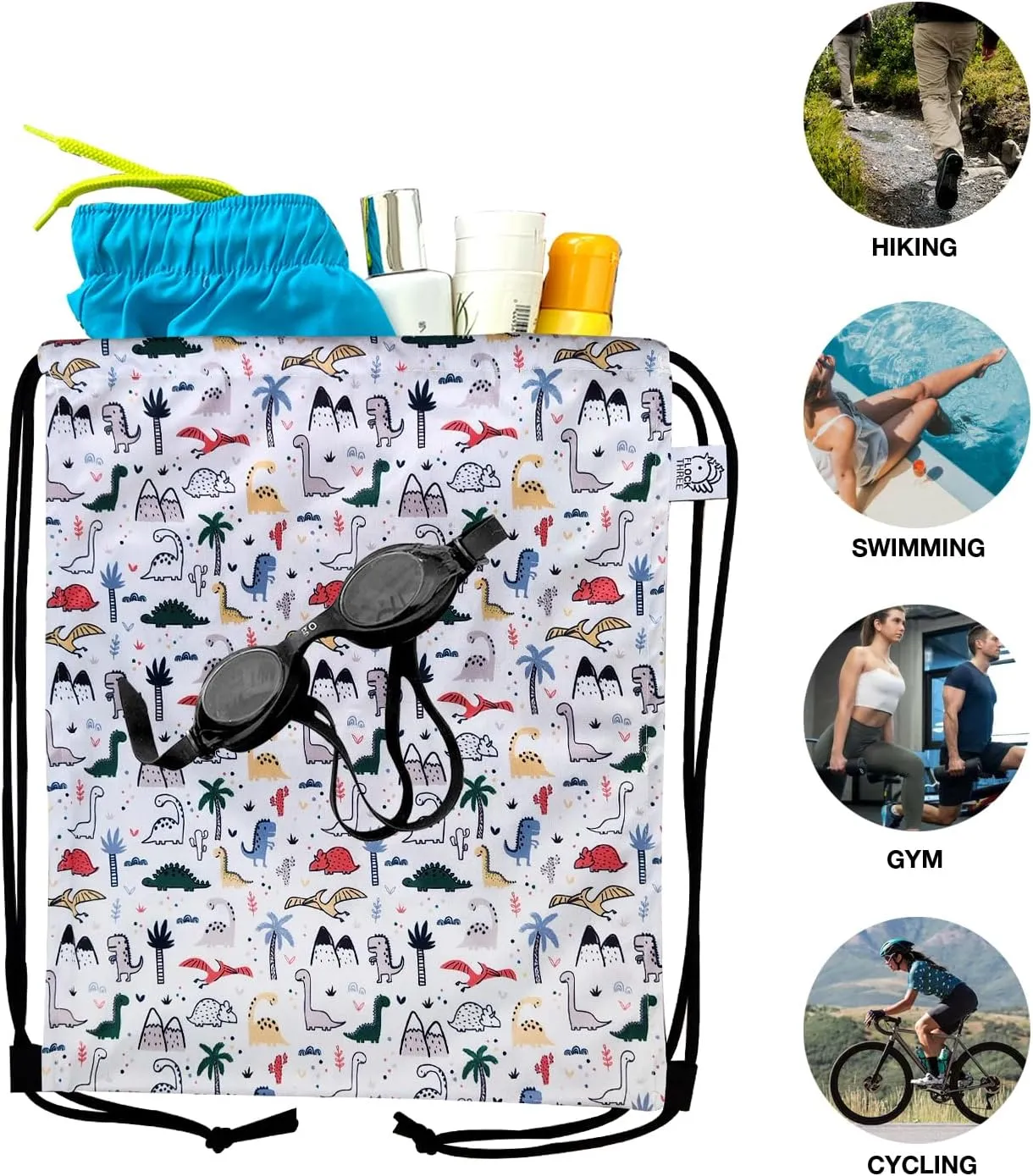 FLOCK THREE Leakproof Drawstring Backpack Sports Gym Bag Large Capacity With Pocket for Sports Gym Travel Swimming Beach (Dinosaur)