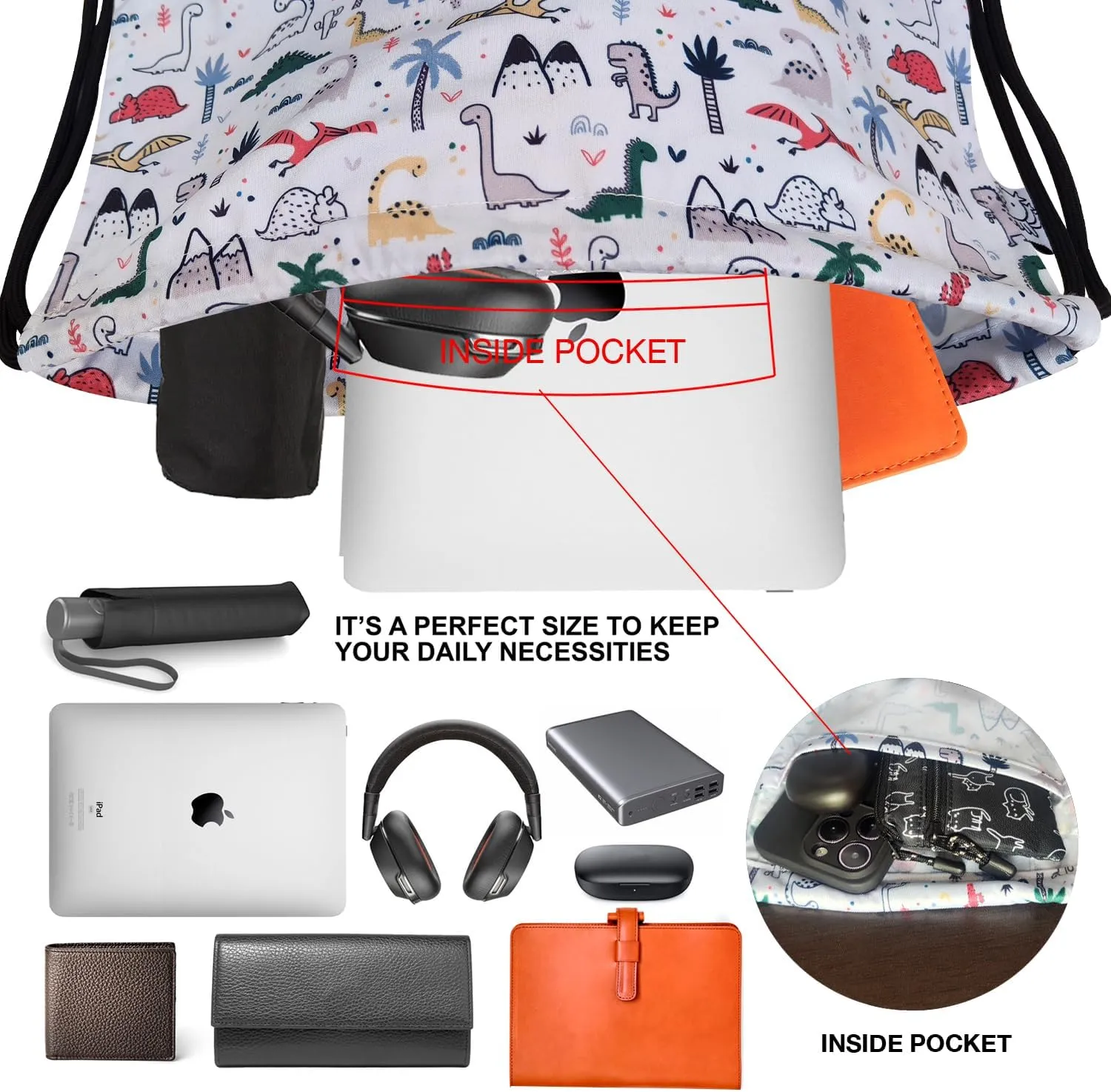 FLOCK THREE Leakproof Drawstring Backpack Sports Gym Bag Large Capacity With Pocket for Sports Gym Travel Swimming Beach (Dinosaur)