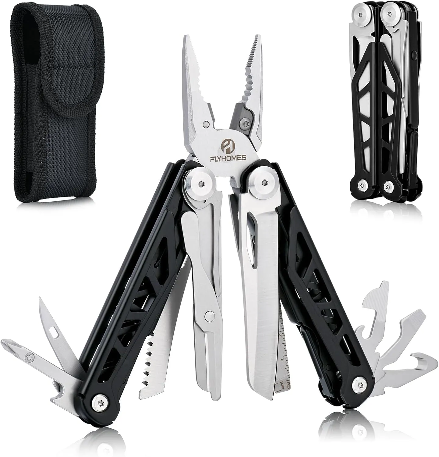 FLYHOMES Multitool 16-in-1 Multi tool Pliers with Springs Scissors Screwdriver and Saw… Gift for men Professional for Camping Survival Tools and Outdoor Adventures (Black)
