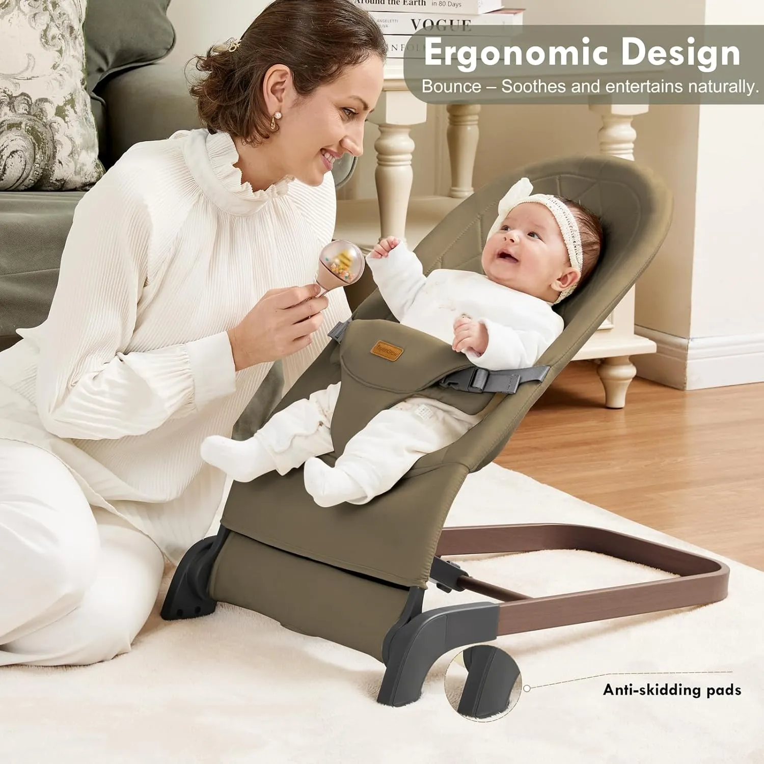 Foldable Baby Bouncer, Baby Bouncer Seat with 3 Adjustable Heights, Portable Newborn Rocker, Ergonomic Bouncer Seat for Natural Bounce, Bouncer for Babies 0-6 Months, Soft Cotton (Green)