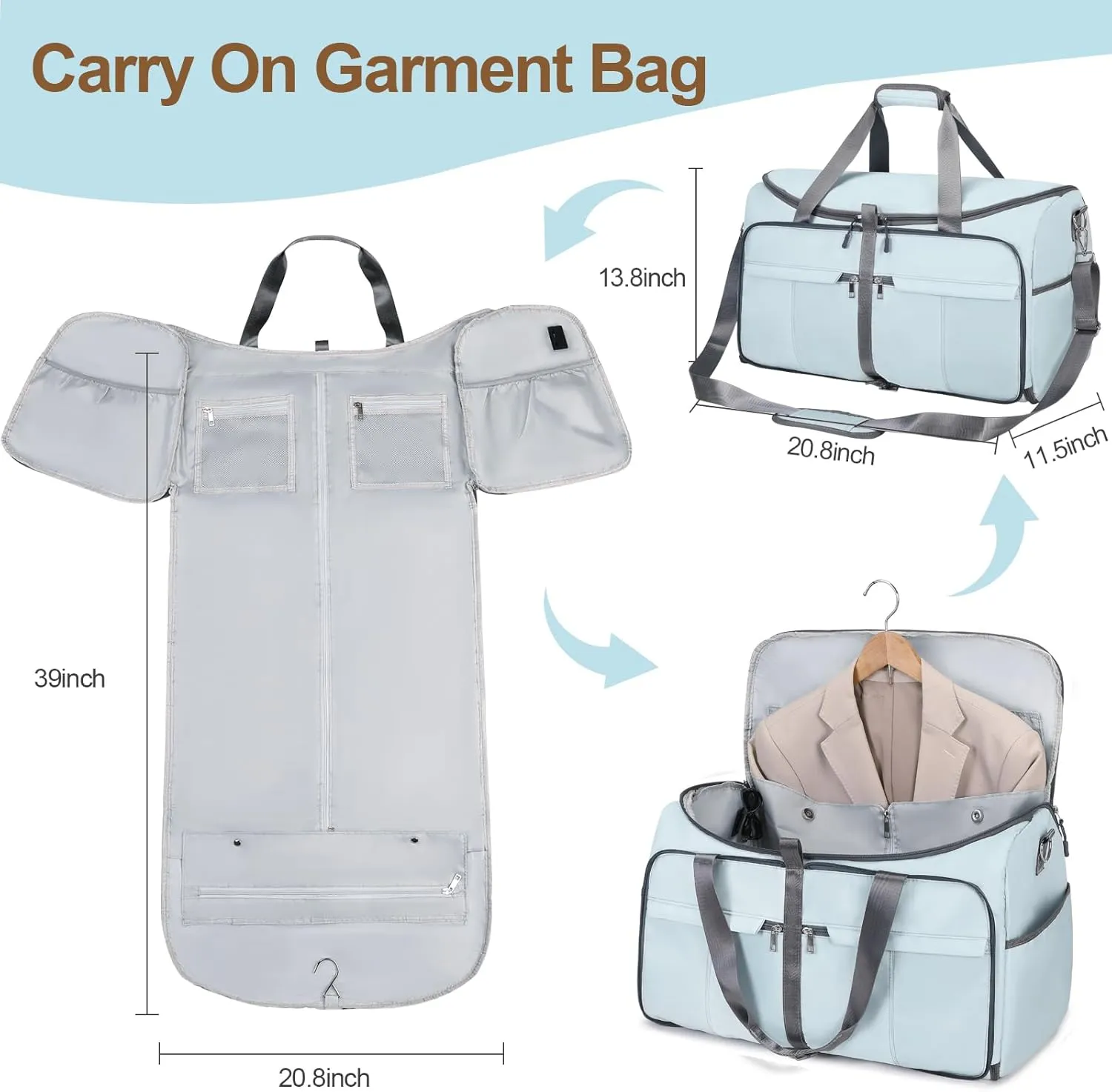 Foldable Garment Bags for Travel, 2 in 1 Convertible Carry On Travel Garment Duffel Bag for Women with Toiletry & Shoe bag, Hanging Suitcase Suit Travel Bags for Men Women Gift (Blue）