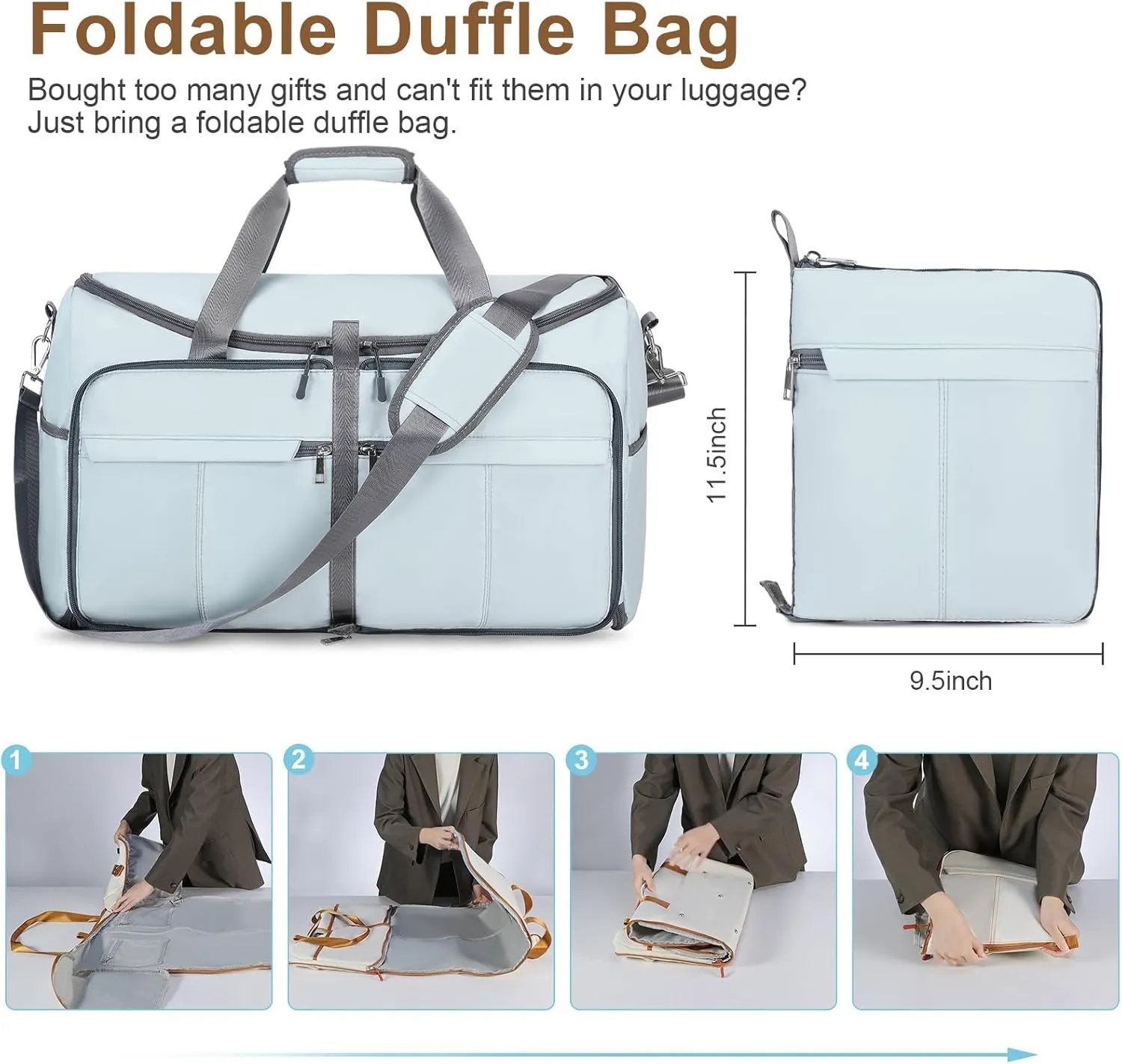 Foldable Garment Bags for Travel, 2 in 1 Convertible Carry On Travel Garment Duffel Bag for Women with Toiletry & Shoe bag, Hanging Suitcase Suit Travel Bags for Men Women Gift (Blue）