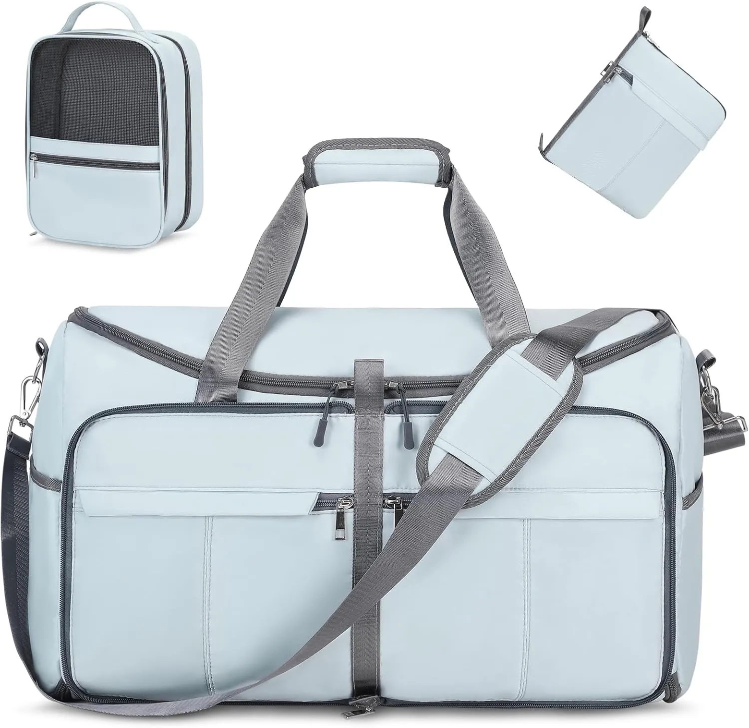 Foldable Garment Bags for Travel, 2 in 1 Convertible Carry On Travel Garment Duffel Bag for Women with Toiletry & Shoe bag, Hanging Suitcase Suit Travel Bags for Men Women Gift (Blue）