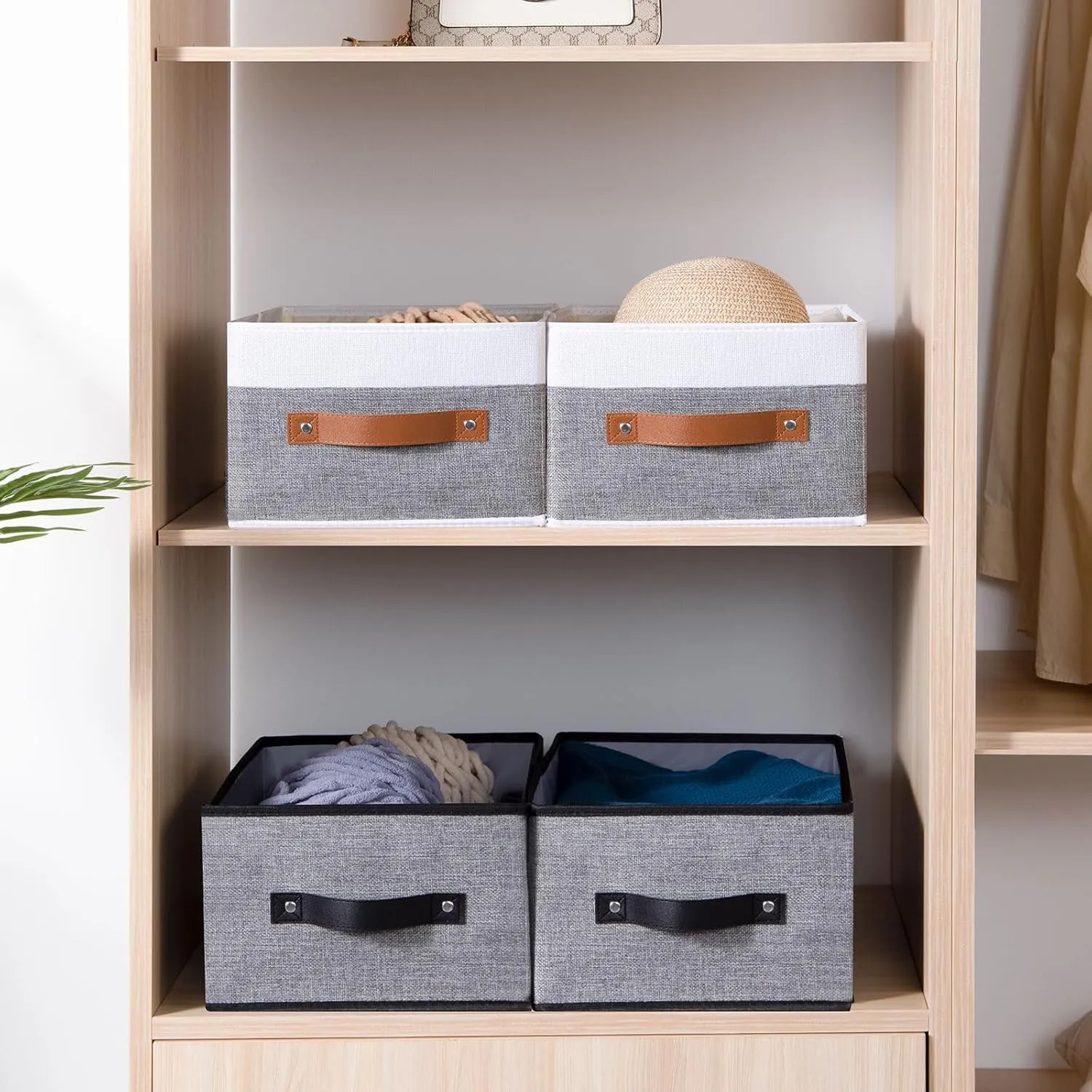 Foldable Storage Bins, 16.1 × 9.8 × 6.5 inch Closet Bin with Handles, Fabric Clothes Boxes for Drawers, Baskets for Organizing Shelves, 6 Pack, White and Grey