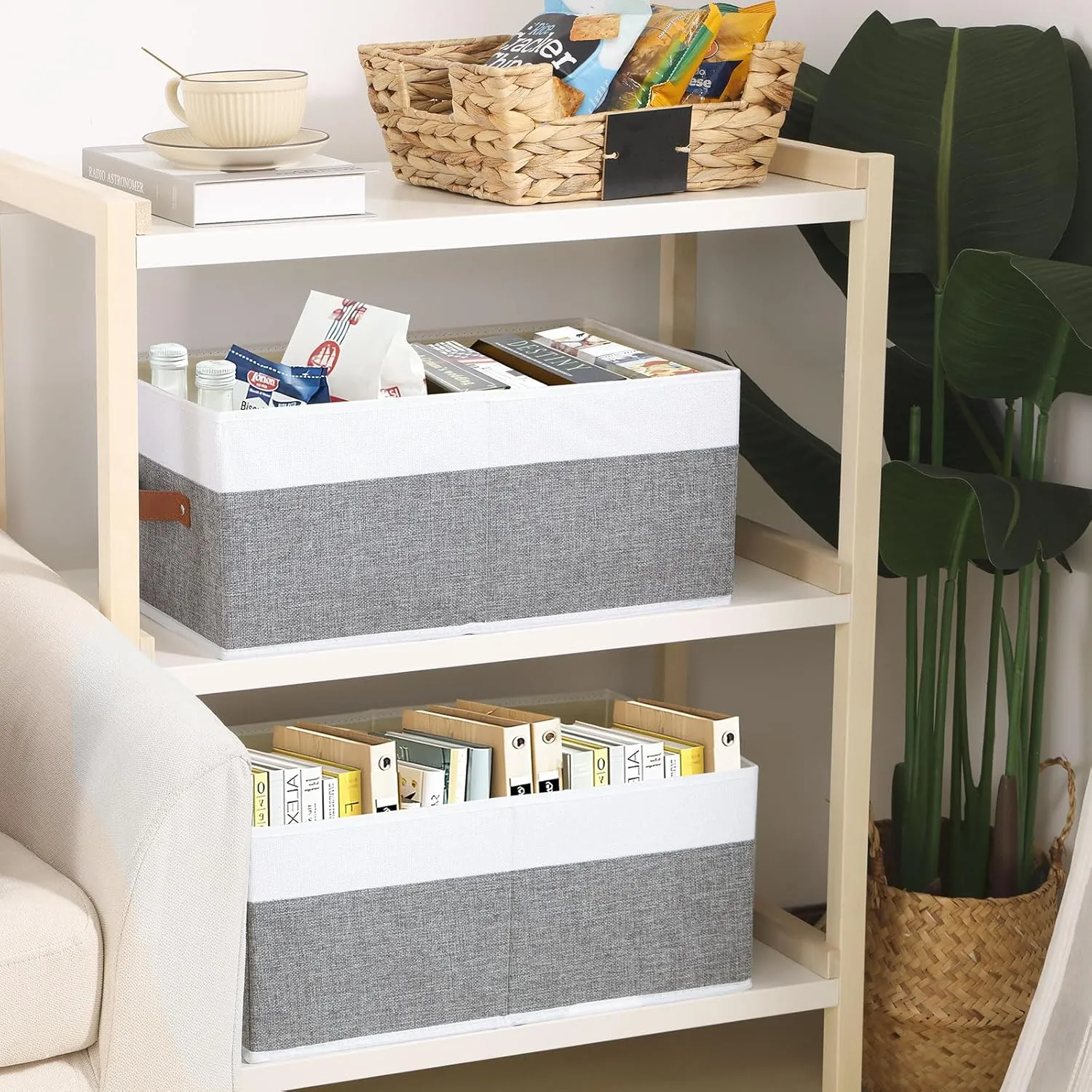 Foldable Storage Bins, 16.1 × 9.8 × 6.5 inch Closet Bin with Handles, Fabric Clothes Boxes for Drawers, Baskets for Organizing Shelves, 6 Pack, White and Grey