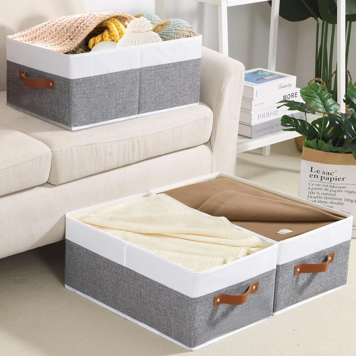 Foldable Storage Bins, 16.1 × 9.8 × 6.5 inch Closet Bin with Handles, Fabric Clothes Boxes for Drawers, Baskets for Organizing Shelves, 6 Pack, White and Grey