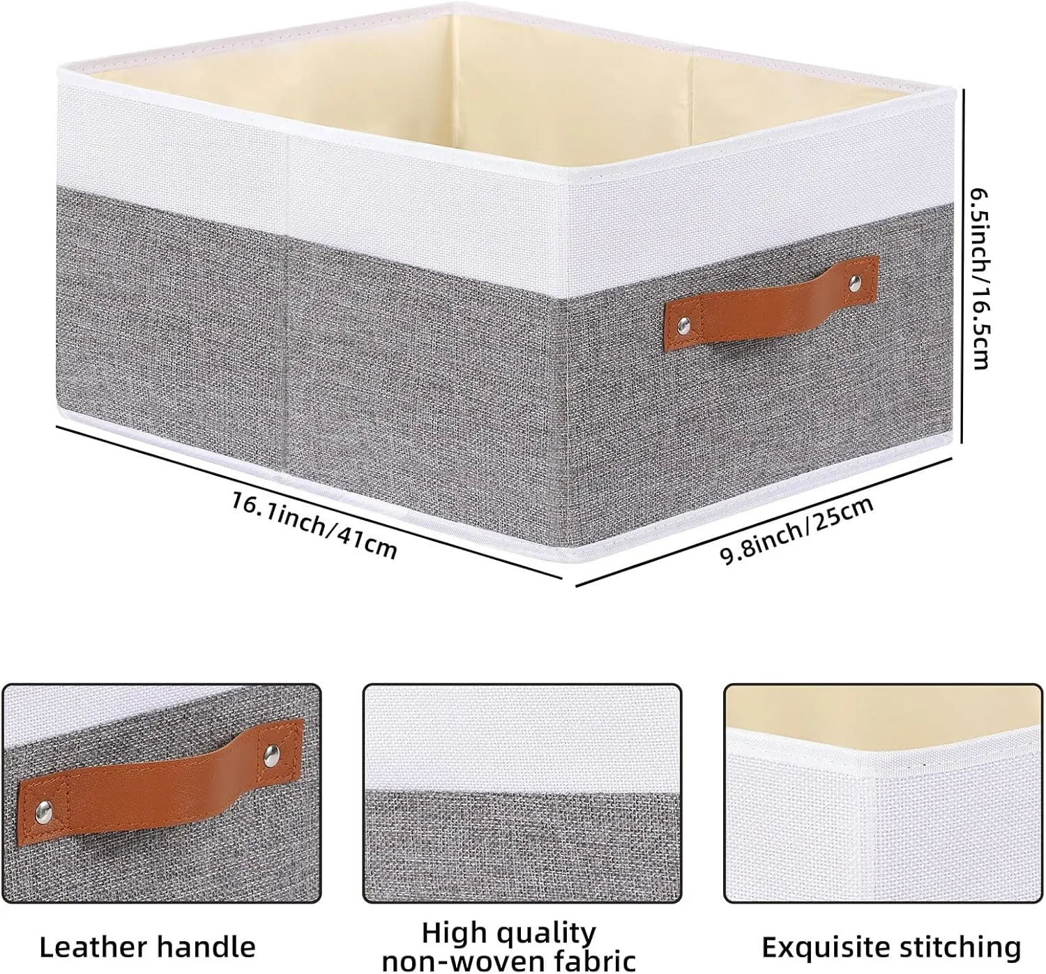 Foldable Storage Bins, 16.1 × 9.8 × 6.5 inch Closet Bin with Handles, Fabric Clothes Boxes for Drawers, Baskets for Organizing Shelves, 6 Pack, White and Grey