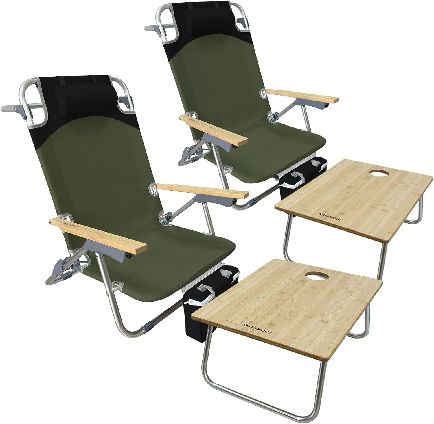 Folding Backpack Beach Chair 2 Pack Aluminum 5-Position with Samll Camping Table Bamboo Lay Flat Lounge Chair Outdoor for Adults with Insulated Cooler Bag
