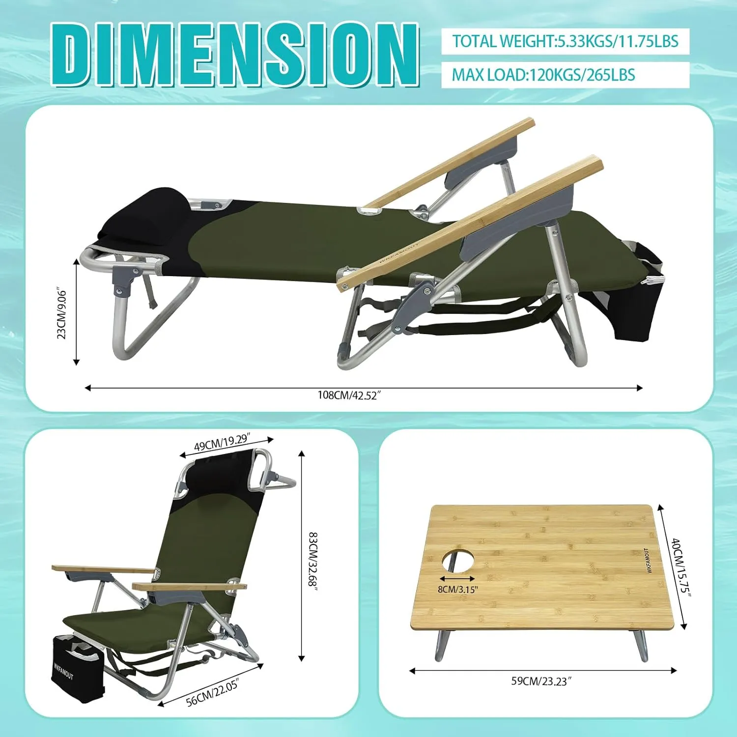 Folding Backpack Beach Chair 2 Pack Aluminum 5-Position with Samll Camping Table Bamboo Lay Flat Lounge Chair Outdoor for Adults with Insulated Cooler Bag