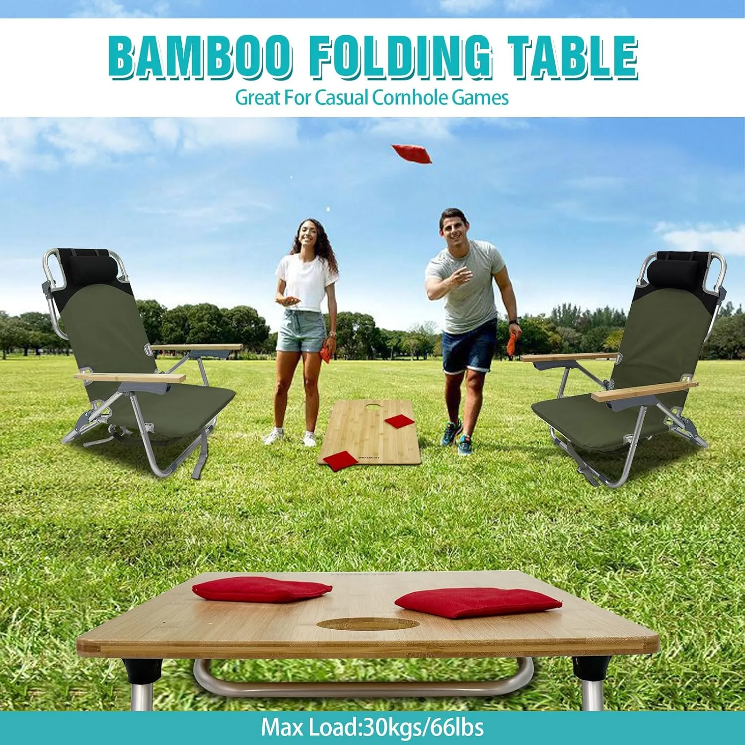 Folding Backpack Beach Chair 2 Pack Aluminum 5-Position with Samll Camping Table Bamboo Lay Flat Lounge Chair Outdoor for Adults with Insulated Cooler Bag