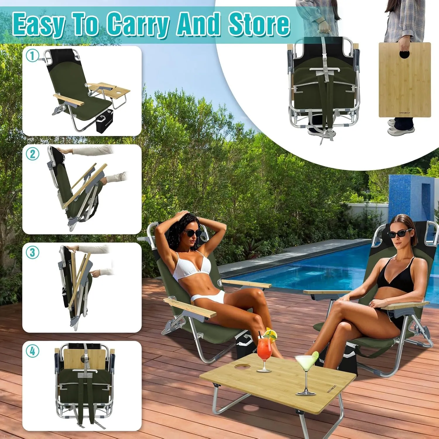 Folding Backpack Beach Chair 2 Pack Aluminum 5-Position with Samll Camping Table Bamboo Lay Flat Lounge Chair Outdoor for Adults with Insulated Cooler Bag