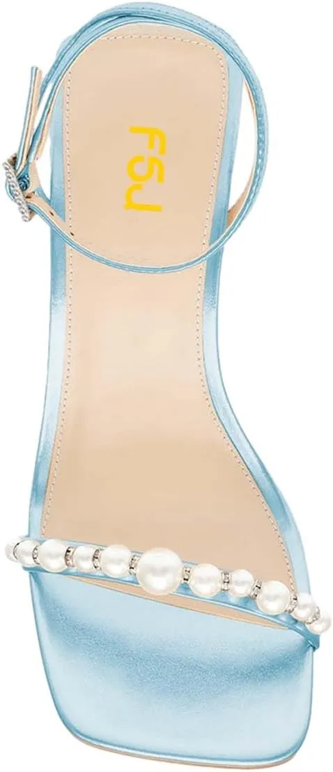 FSJ Women High Heels Sandals Open Toe Gorgeous Pearl Heel Sandals Ankle Strap with Rhinestones Buckle Fashion Pump Bridal Wedding Party Dress Shoes Size 4-16 US