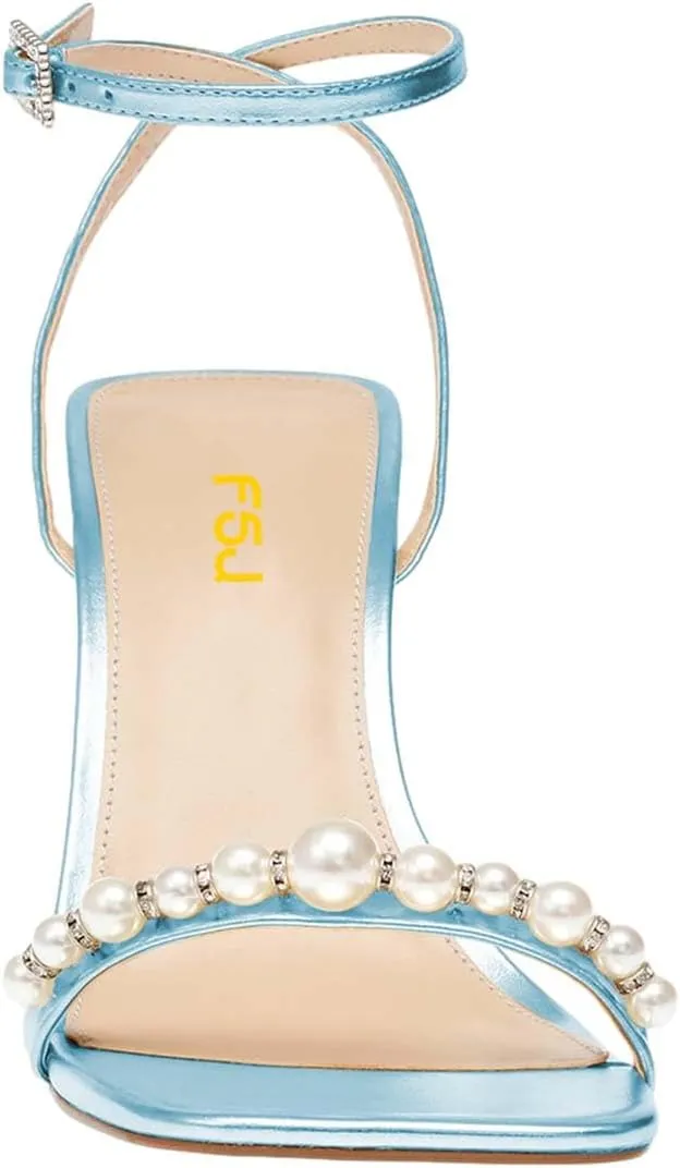 FSJ Women High Heels Sandals Open Toe Gorgeous Pearl Heel Sandals Ankle Strap with Rhinestones Buckle Fashion Pump Bridal Wedding Party Dress Shoes Size 4-16 US