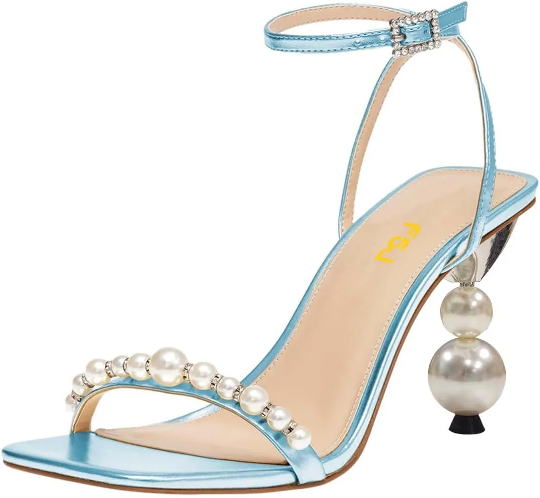 FSJ Women High Heels Sandals Open Toe Gorgeous Pearl Heel Sandals Ankle Strap with Rhinestones Buckle Fashion Pump Bridal Wedding Party Dress Shoes Size 4-16 US