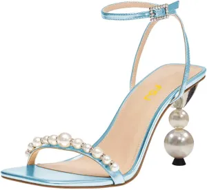 FSJ Women High Heels Sandals Open Toe Gorgeous Pearl Heel Sandals Ankle Strap with Rhinestones Buckle Fashion Pump Bridal Wedding Party Dress Shoes Size 4-16 US