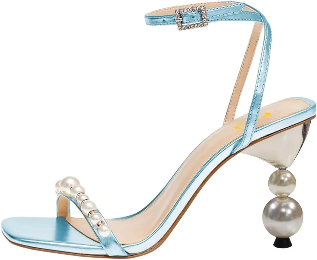 FSJ Women High Heels Sandals Open Toe Gorgeous Pearl Heel Sandals Ankle Strap with Rhinestones Buckle Fashion Pump Bridal Wedding Party Dress Shoes Size 4-16 US