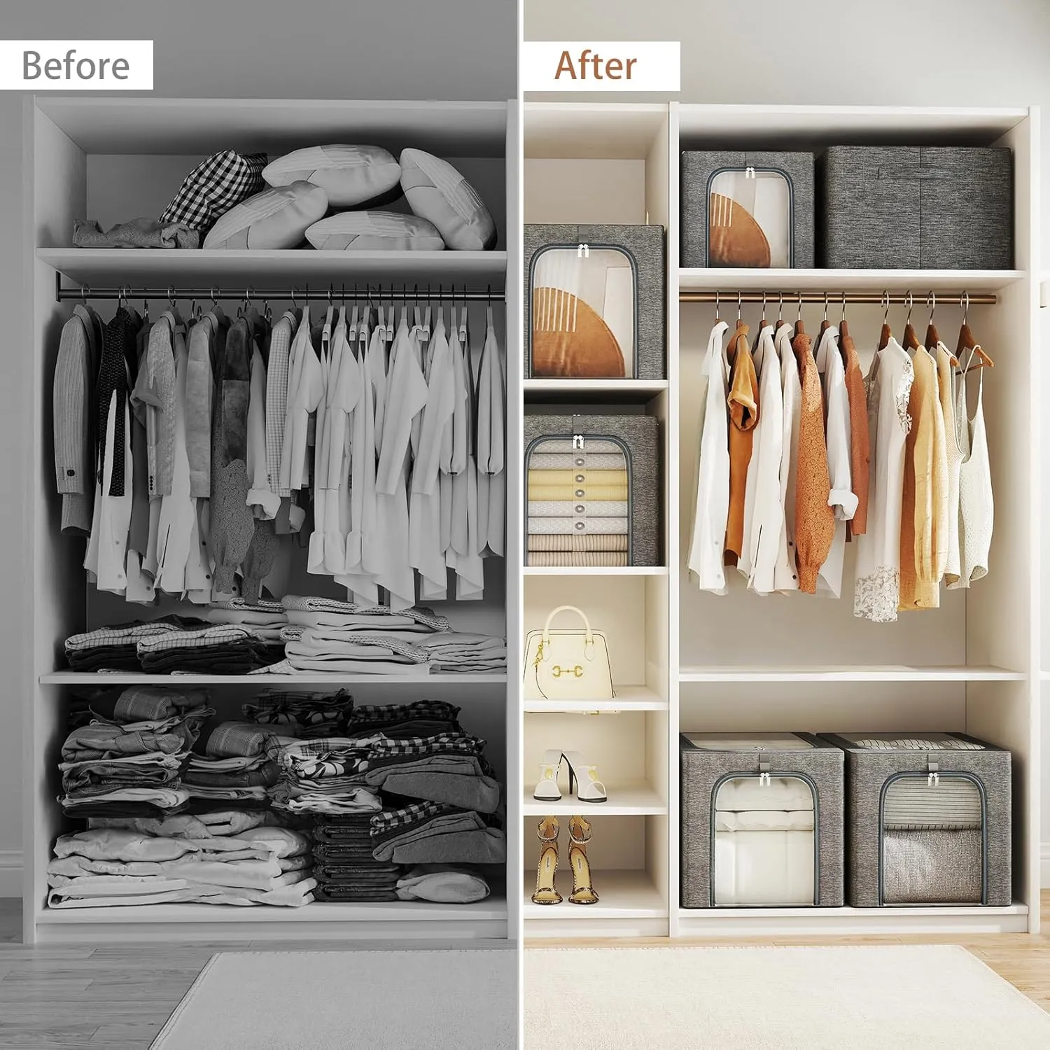 GoMaihe Clothes Storage Bin with Metal Frame: 6-Pack Stackable Clothing Storage Bin with Lid for Closet, Fabric Storage Bag Organizer Boxes for Sweaters T-Shirts Bedding Towels 40L