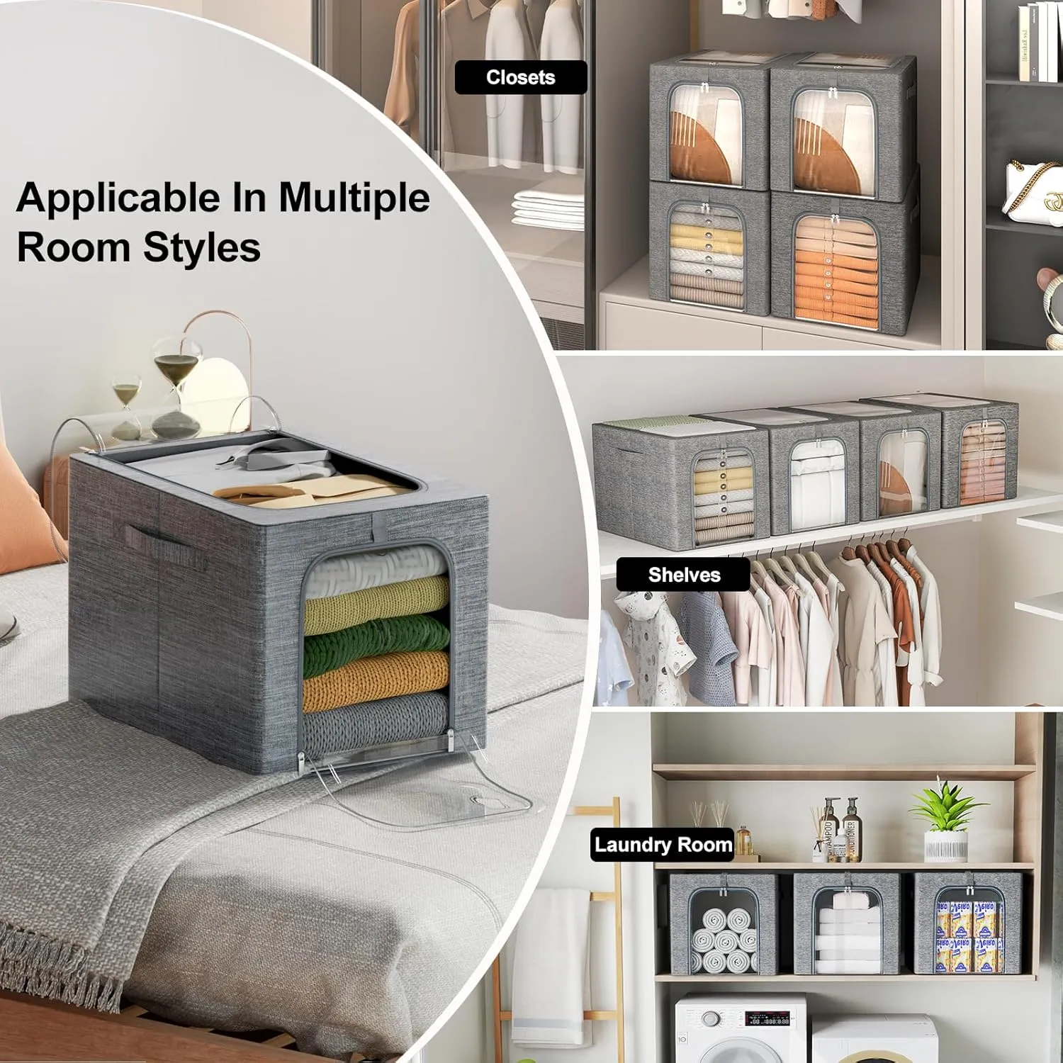 GoMaihe Clothes Storage Bin with Metal Frame: 6-Pack Stackable Clothing Storage Bin with Lid for Closet, Fabric Storage Bag Organizer Boxes for Sweaters T-Shirts Bedding Towels 40L