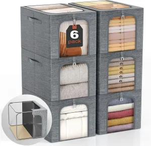 GoMaihe Clothes Storage Bin with Metal Frame: 6-Pack Stackable Clothing Storage Bin with Lid for Closet, Fabric Storage Bag Organizer Boxes for Sweaters T-Shirts Bedding Towels 40L
