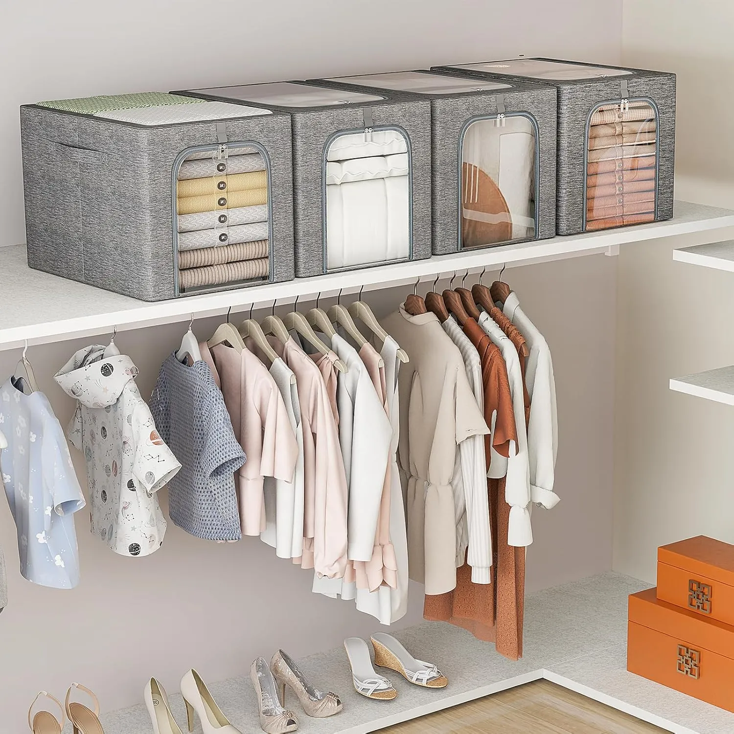 GoMaihe Clothes Storage Bin with Metal Frame: 6-Pack Stackable Clothing Storage Bin with Lid for Closet, Fabric Storage Bag Organizer Boxes for Sweaters T-Shirts Bedding Towels 40L