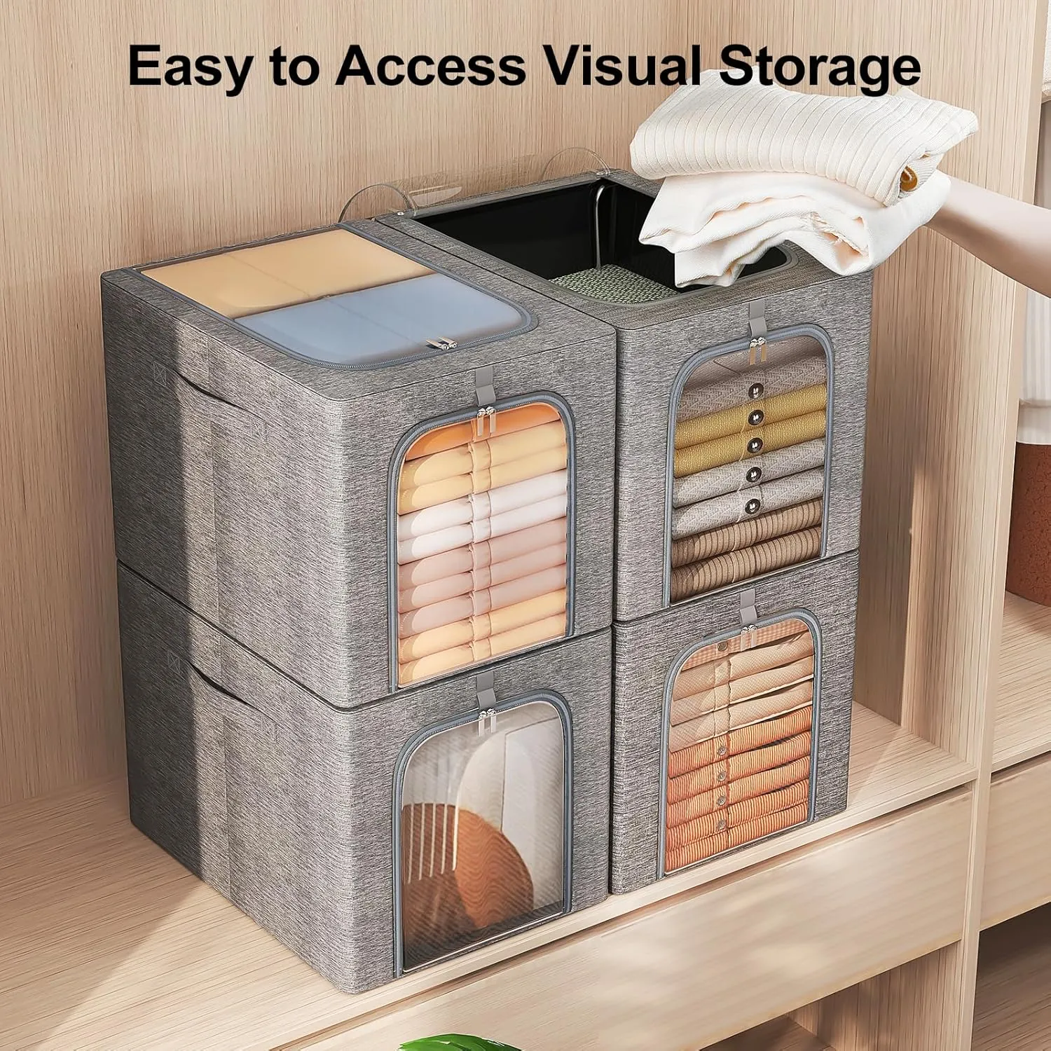GoMaihe Clothes Storage Bin with Metal Frame: 6-Pack Stackable Clothing Storage Bin with Lid for Closet, Fabric Storage Bag Organizer Boxes for Sweaters T-Shirts Bedding Towels 40L