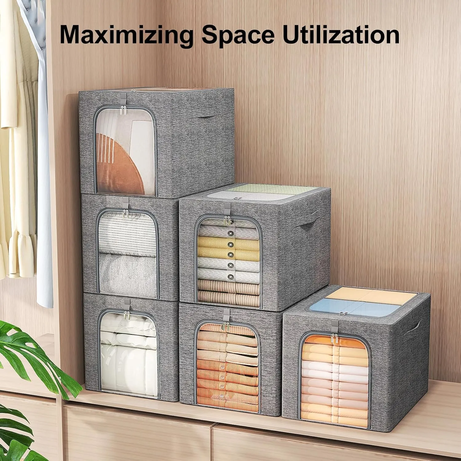 GoMaihe Clothes Storage Bin with Metal Frame: 6-Pack Stackable Clothing Storage Bin with Lid for Closet, Fabric Storage Bag Organizer Boxes for Sweaters T-Shirts Bedding Towels 40L