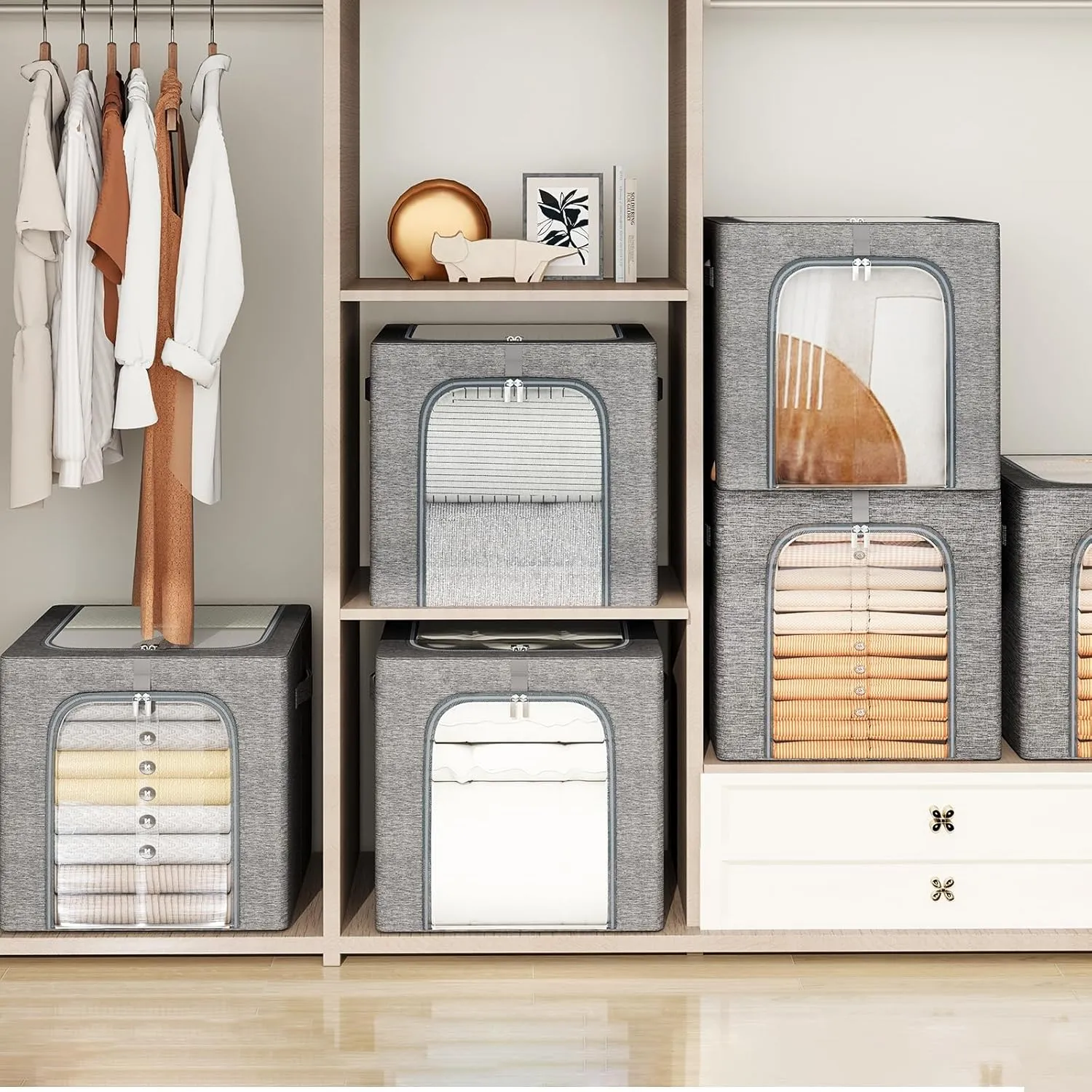 GoMaihe Clothes Storage Bin with Metal Frame: 6-Pack Stackable Clothing Storage Bin with Lid for Closet, Fabric Storage Bag Organizer Boxes for Sweaters T-Shirts Bedding Towels 40L