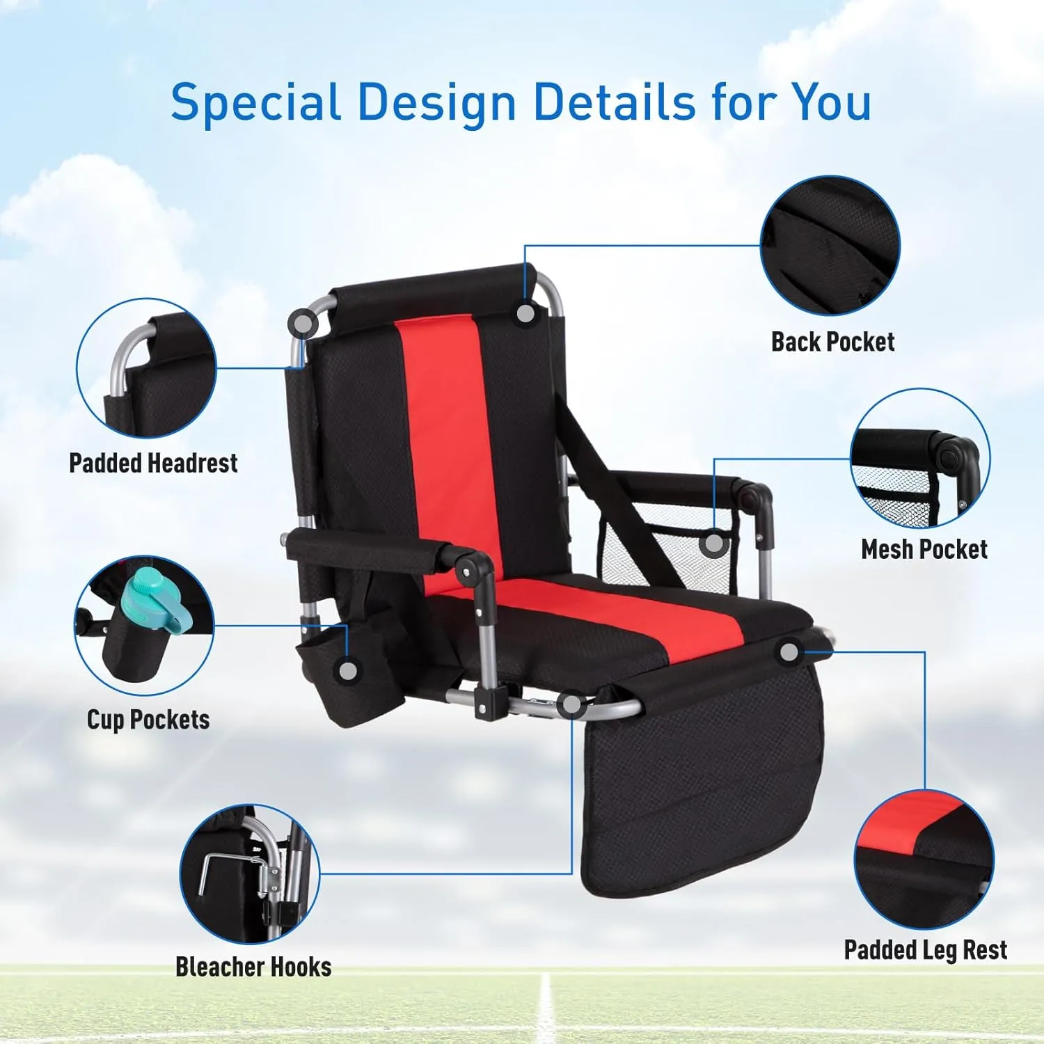 GREEN PARTY Stadium Seat for Bleachers Portable Outdoor Floor Folding Stadium Chair with Armrest, Back Support, Cup Holder, Mesh Bag and Hide Hooks
