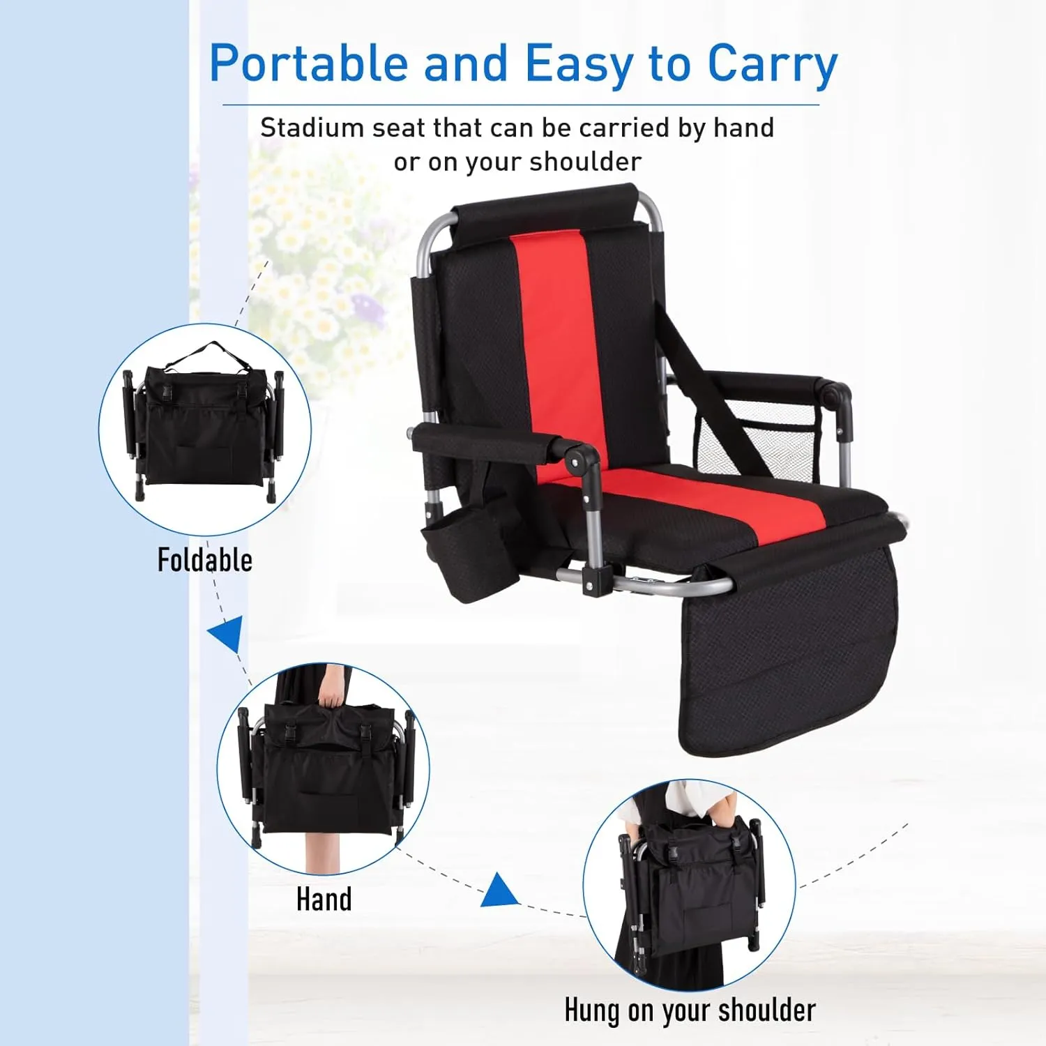 GREEN PARTY Stadium Seat for Bleachers Portable Outdoor Floor Folding Stadium Chair with Armrest, Back Support, Cup Holder, Mesh Bag and Hide Hooks