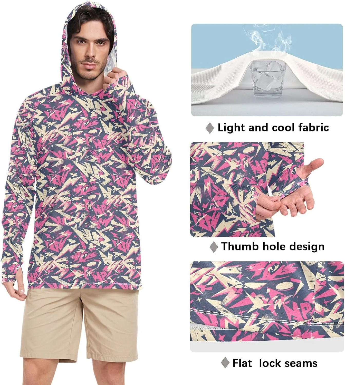 Grunge Style Mens Hoodie Sun Protection Long Sleeve Sun Shirt with Hood UPF 50  Sun Proof Shirts Mens Rash Guard UV