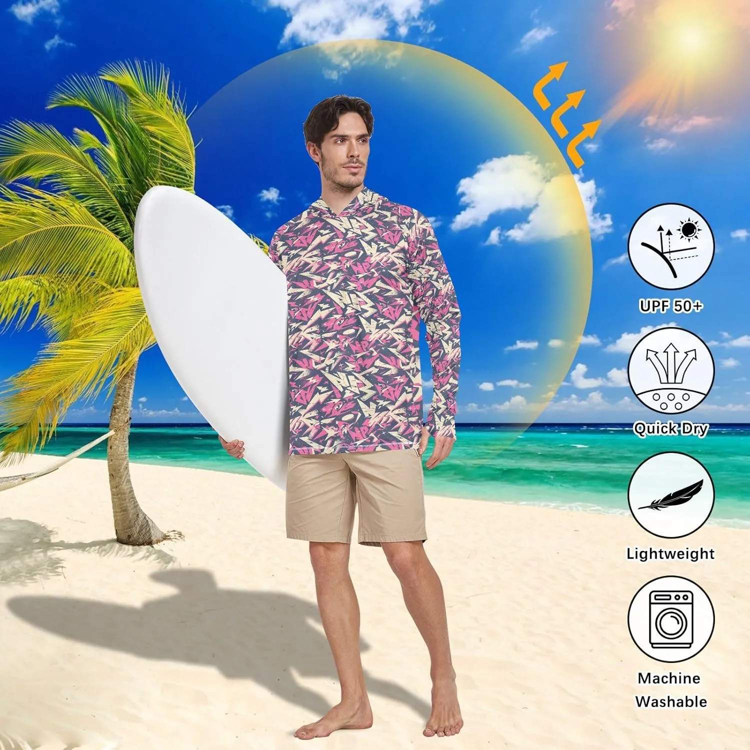 Grunge Style Mens Hoodie Sun Protection Long Sleeve Sun Shirt with Hood UPF 50  Sun Proof Shirts Mens Rash Guard UV