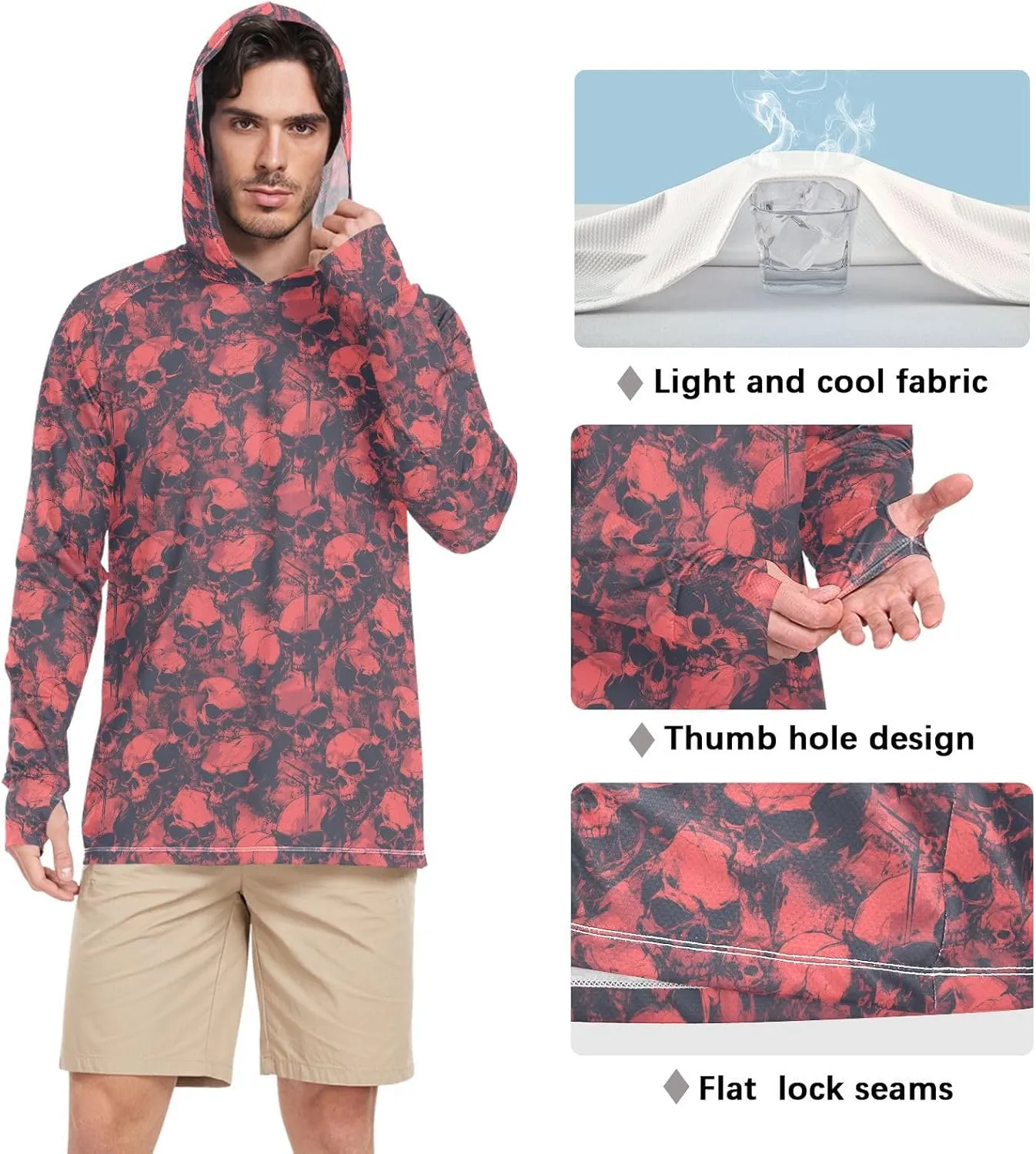 Grunge Style Skulls Mens Sun Hoodie Shirts UV Protection Long Sleeve UPF 50   Mens Sun Shirts Swim Shirt Men UV Rash Guards
