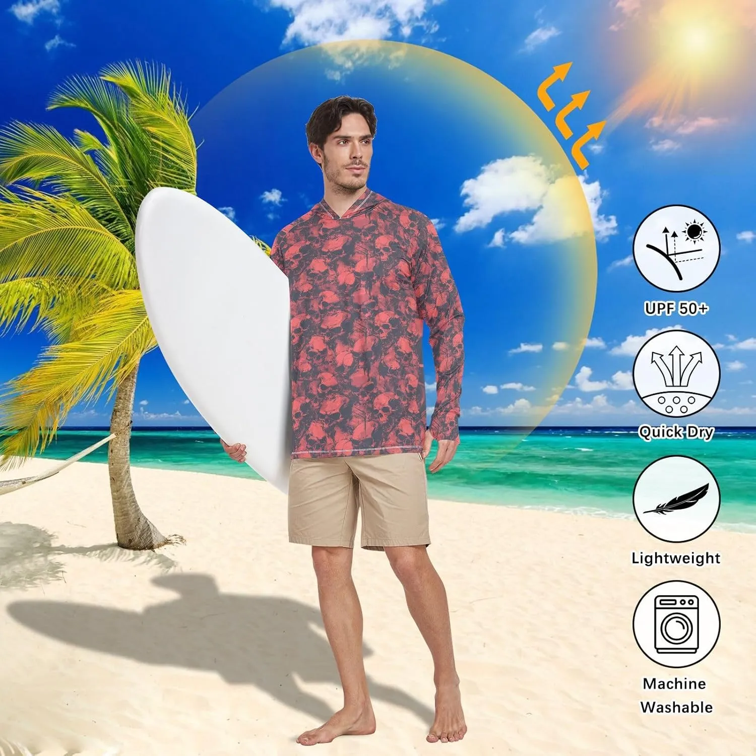 Grunge Style Skulls Mens Sun Hoodie Shirts UV Protection Long Sleeve UPF 50   Mens Sun Shirts Swim Shirt Men UV Rash Guards