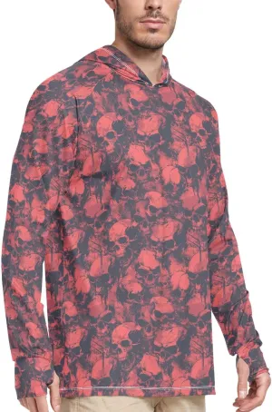 Grunge Style Skulls Mens Sun Hoodie Shirts UV Protection Long Sleeve UPF 50   Mens Sun Shirts Swim Shirt Men UV Rash Guards