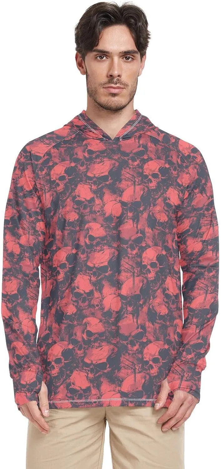Grunge Style Skulls Mens Sun Hoodie Shirts UV Protection Long Sleeve UPF 50   Mens Sun Shirts Swim Shirt Men UV Rash Guards