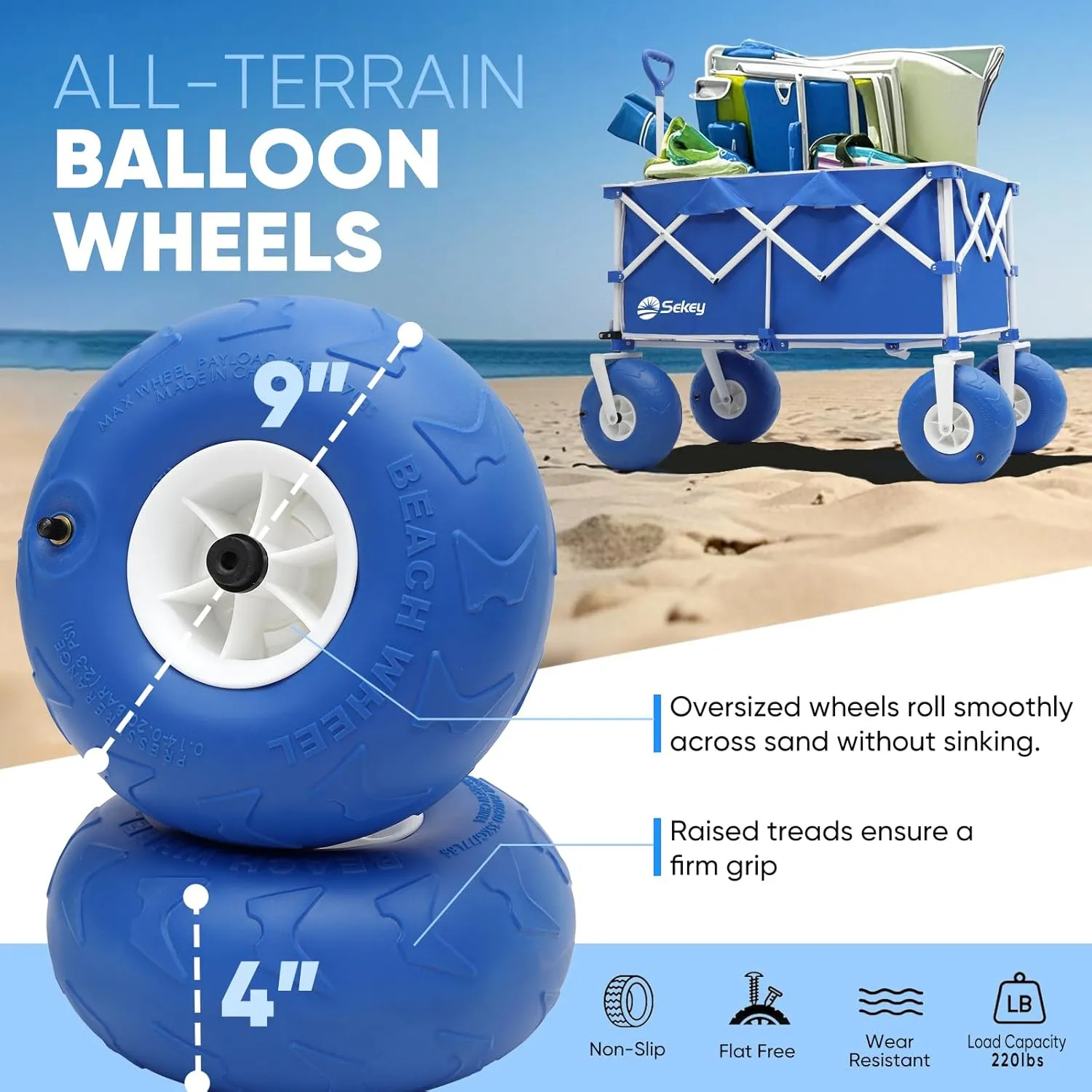 Heavy Duty Beach Wagon with 9" Big Sand-Proof Wheels – 440lb Capacity, Sekey 200L Oversized Foldable Cart | Adjustable Handle & All-Terrain Tires for Sand, Camping, Groceries. Blue&White