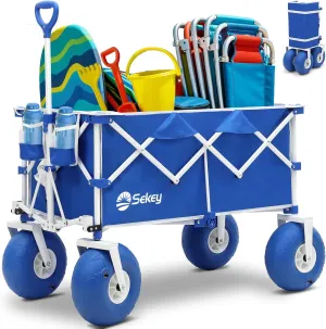 Heavy Duty Beach Wagon with 9" Big Sand-Proof Wheels – 440lb Capacity, Sekey 200L Oversized Foldable Cart | Adjustable Handle & All-Terrain Tires for Sand, Camping, Groceries. Blue&White