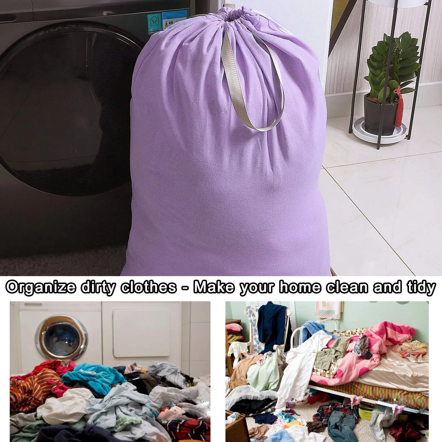 Heavy Duty Laundry Bag with Drawstring and Handle, Extra Large Travel Dirty Clothes Bag for Laundromat and Household, Durable Rip-Stop Laundry Hamper Liner, 28 x 40 Inch, Purple