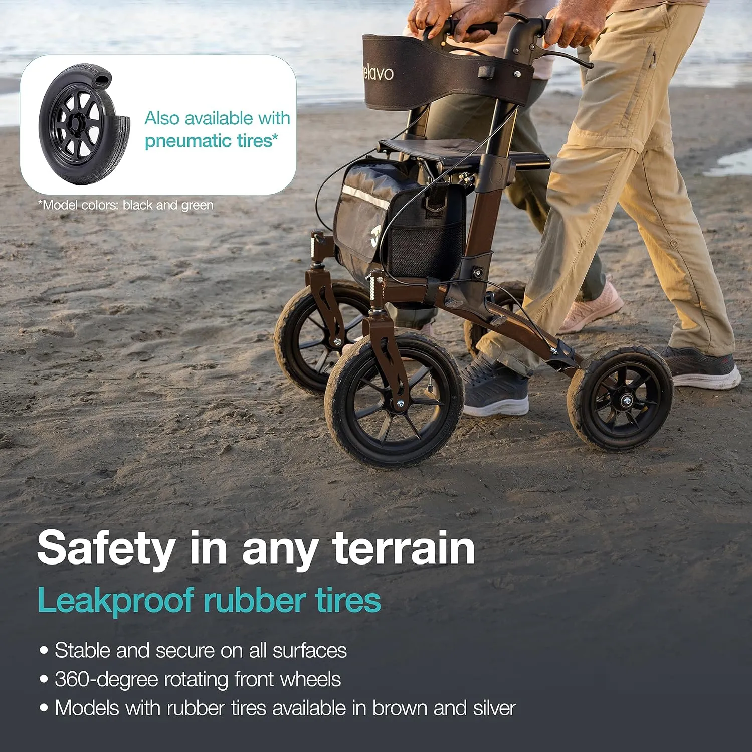 Helavo All Terrain Walker with Puncture-Proof, Flat-Free Solid Rubber Tires, 12" Wheels - Foldable Outdoor Walker for Seniors with Seat, Ergonomic Handles and Extra Padded Backrest