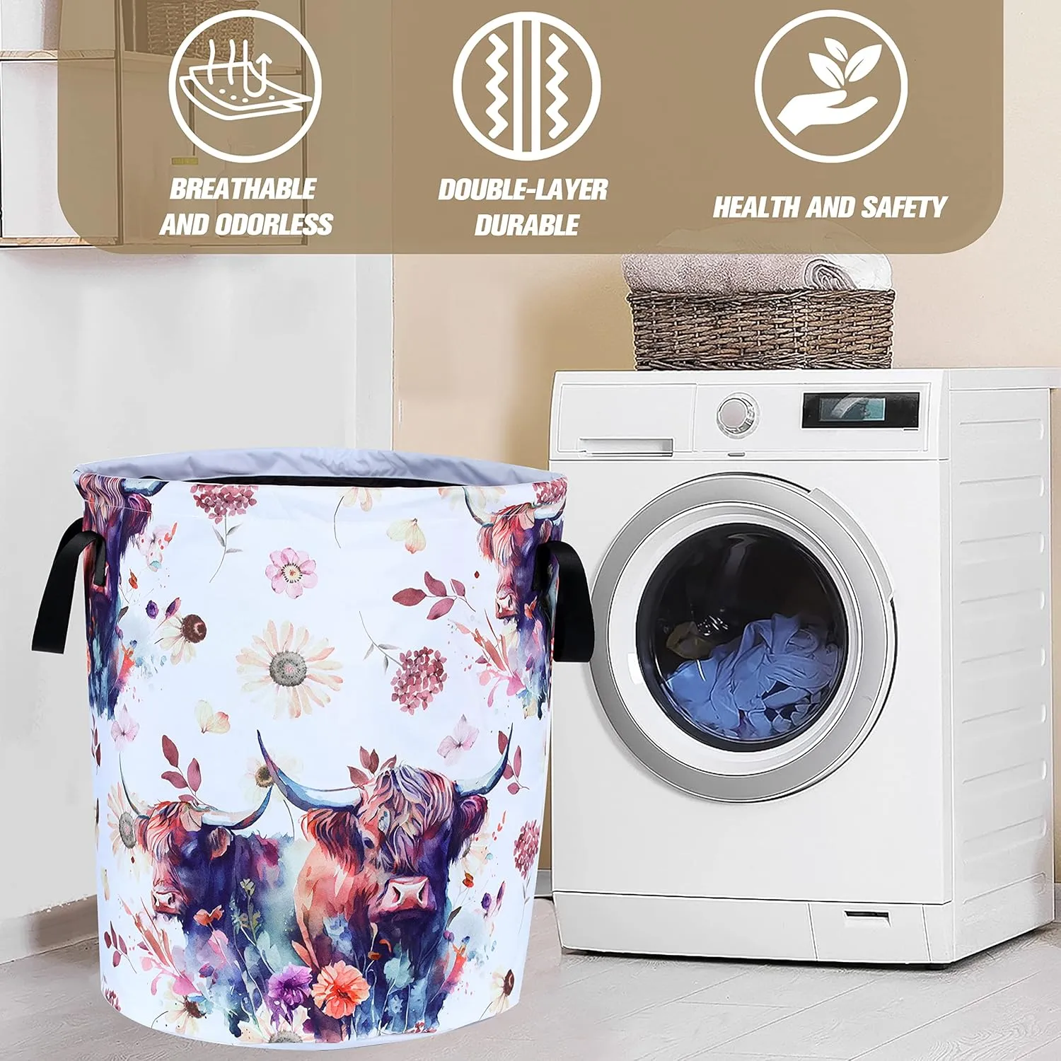 Highland Cow Laundry Basket Cow Animal Foldable Oxford Cloth Funny Tote Bag Laundry Hamper Clothes Storage Bucket Organizer For Bathroom/Laundry Storage/Bedroom 17.7x13.7 Inch