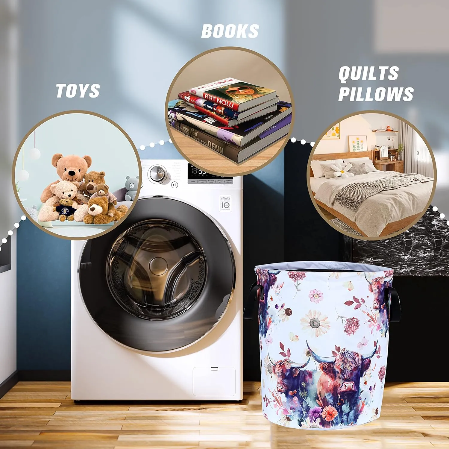 Highland Cow Laundry Basket Cow Animal Foldable Oxford Cloth Funny Tote Bag Laundry Hamper Clothes Storage Bucket Organizer For Bathroom/Laundry Storage/Bedroom 17.7x13.7 Inch