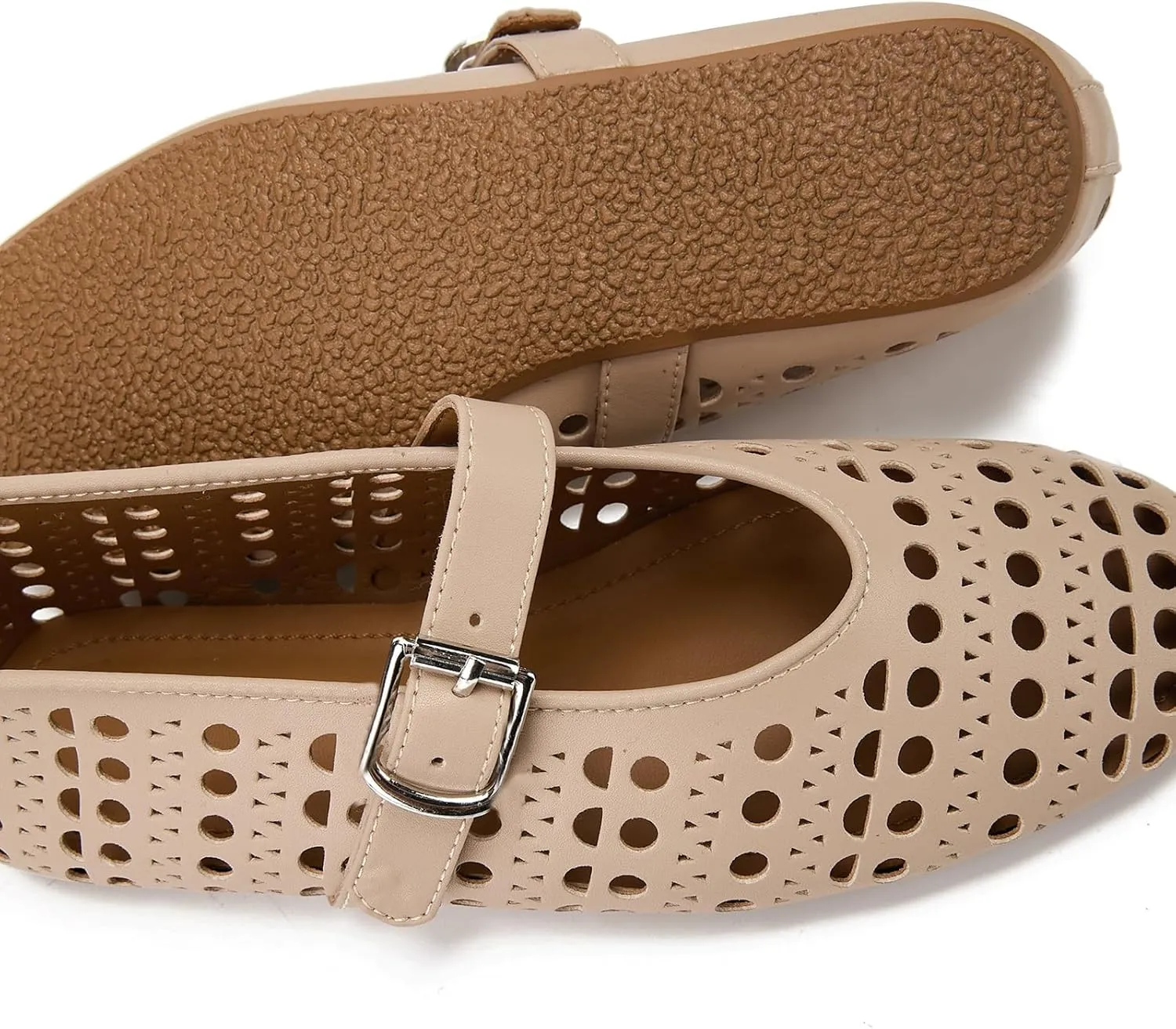 Hollow Ballet Flats Shoes for Women Breathable Hole Round Toe Ballerina Flats Fashion Women's Adjustable Buckle Strap Mary Jane Flats Comfortable Casual Dress